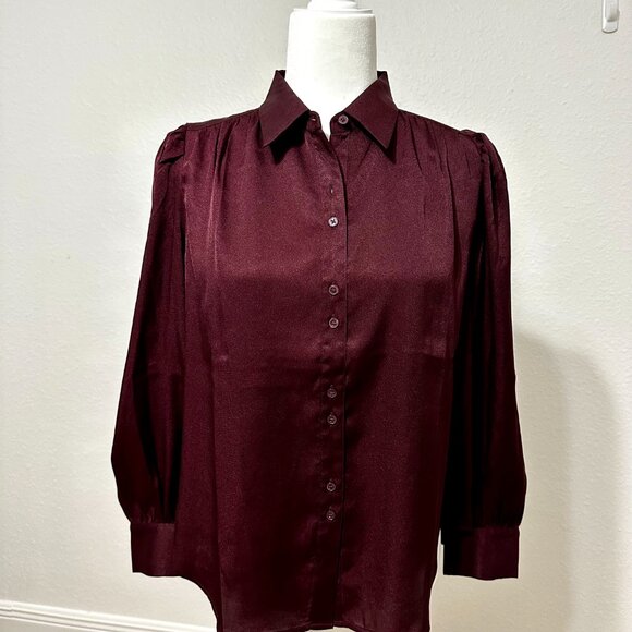 Ann Taylor Burgundy Puff Sleeve Pleated Button-Down Blouse – Size SP - Picture 7 of 16